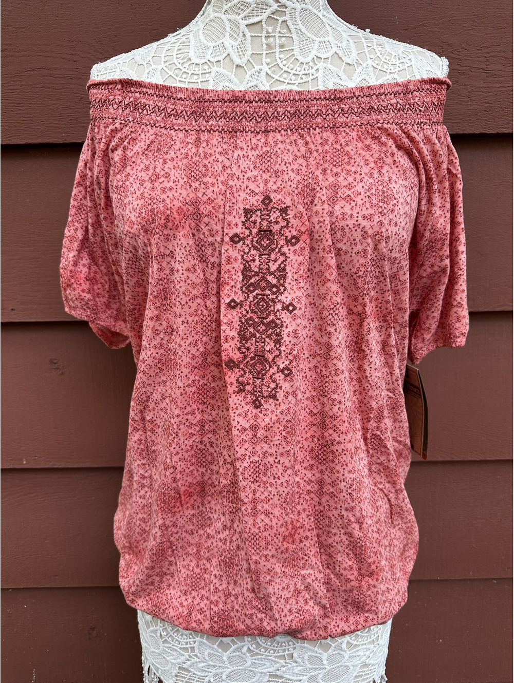 NWT Ruff Hewn Bohemian Coral Embroidered Blouse with Elastic Neckline